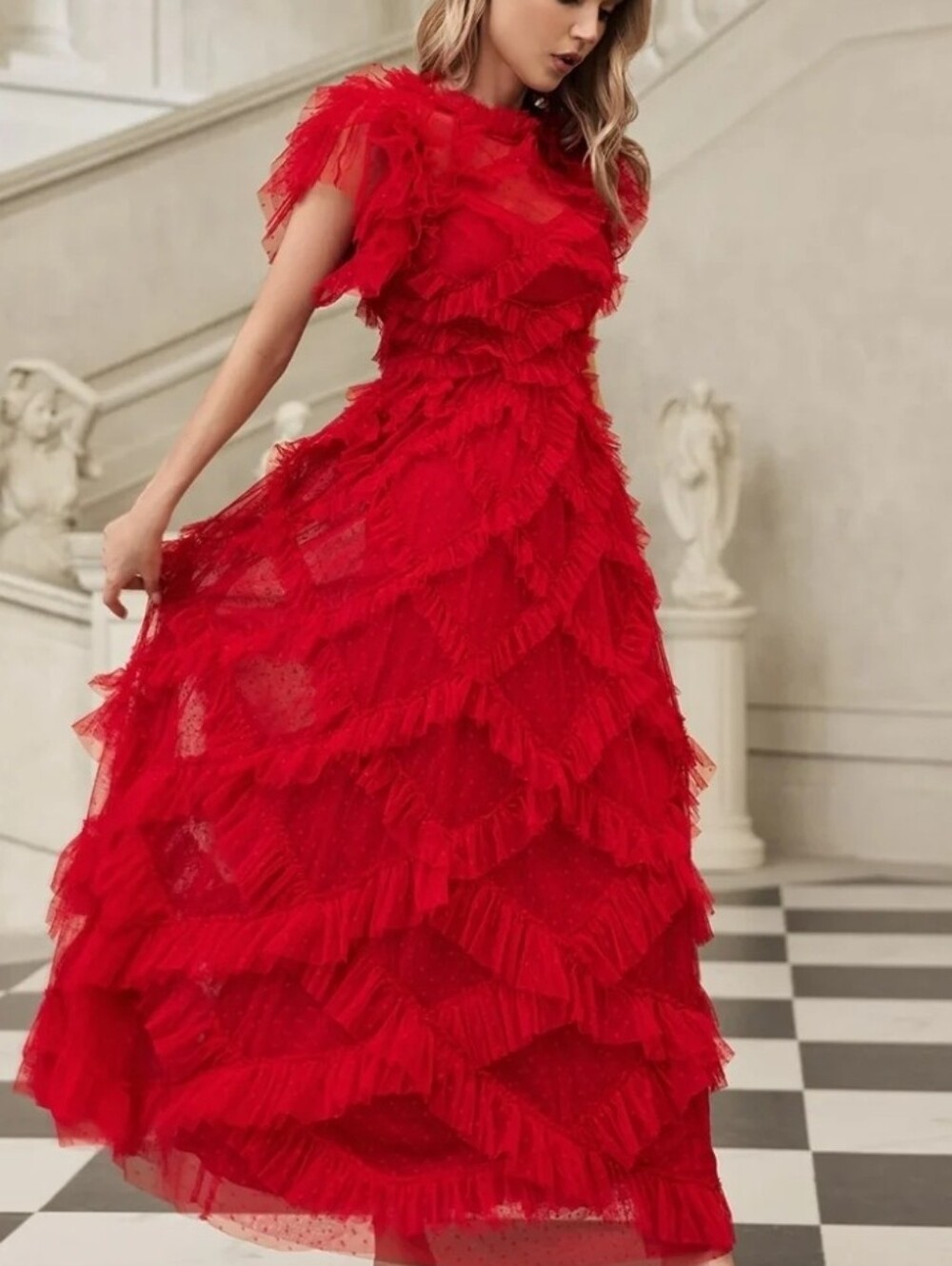 Red Ruffle Lace Maxi Dress SIZE MEDIUM - Picture 8 of 8